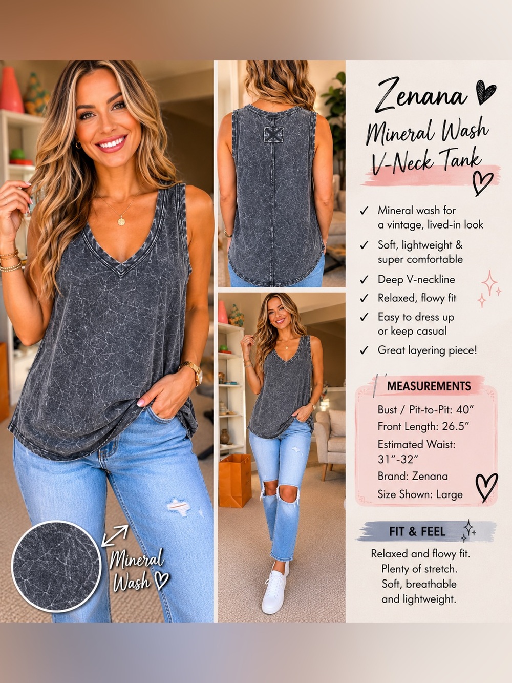 Zenana mineral wash charcoal grey v-neck tank top Large - NWP✨✨